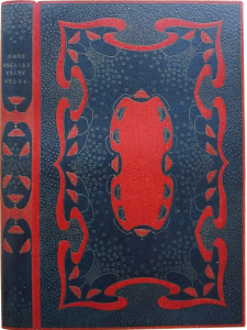 More English Fairy Tales designed and worked by Miss Florence de Rheims.  Red morocco, entirely covered with an inlay of dark blue morocco, with 74 flowers inlaid in red and blue; red morocco doublures, with gold-tooled border design; uncut, top edges gilt.