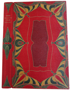 More English Fairy Tales designed and executed by Miss Helen Schofield.  Scarlet morocco, centre panels of dark red morocco, border design of conventionalised butterflies, in 198 green and yellow inlays; scarlet morocco doublures, with gold-tooled butterfly design; vellum fly-leaves, uncut, top edges gilt.