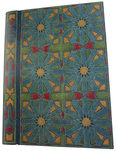 More Celtic Fairy Tales adapted form a Moresque design and executed by Miss Florence de Rheims.  Cobalt-blue morocco, inlaid design, consisting of 390 pieces of green, blue, red and yellow leather; blue morocco doublures, with elaborate shamrock design and 36 small coloured inlays.