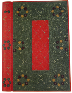 More English Fairy Tales designed and worked by Miss Lilian Overton.  Scarlet morocco, the sides covered with a dark grey inlay, and 102 inlaid blind-tooled flowers, in purple, yellow and green.