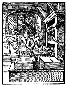 Engraving of a wooden printing press of 1568. The print shop at Hólar may well have looked something like this. Image courtesy of Wikipedia.